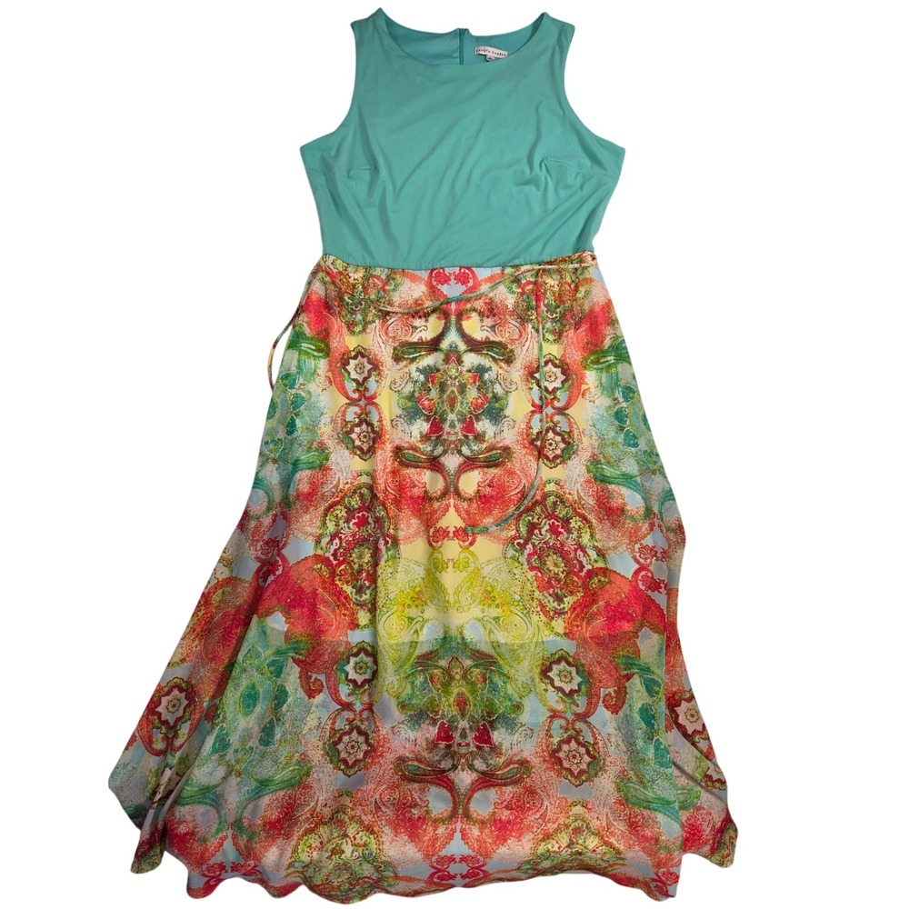 Sandra Darren Maxi Full Length Chiffon Sea Green Ethnic Print Dress Sz 16